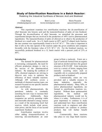 Study of Esterification Reactions in a Batch Reactor: - Rutgers ...