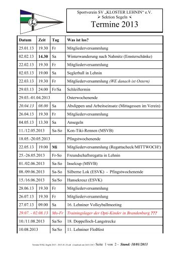 Terminkalender 2013 - SV Kloster Lehnin eV