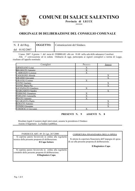 Delibera N. 2 (.pdf 107 Kb) - Comune di Salice Salentino