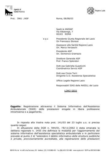 prot. n. 3961/ASP - Agenzia di Sanità Pubblica della Regione Lazio