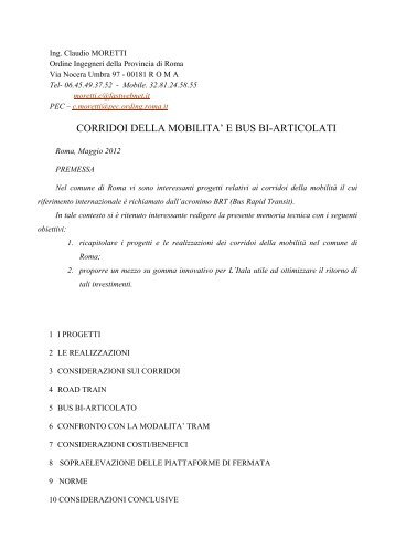 corridoi della mobilita' e bus bi-articolati - Ordine degli Ingegneri ...