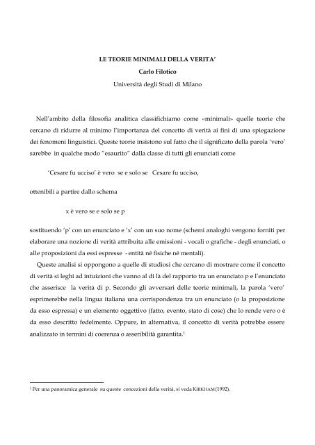 LE TEORIE MINIMALI DELLA VERITA' Carlo Filotico ... - Istituto Banfi