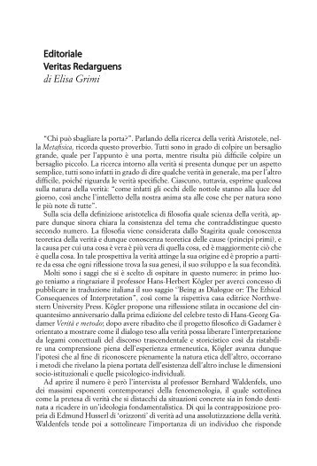 Editoriale Veritas Redarguens di Elisa Grimi - Philosophical News