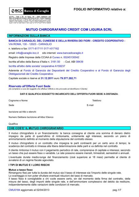 Mutuo Chirografario Credit Com Liguria Scrl Banca Di Caraglio