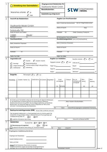 Anmeldeformulare Hausanschlüsse Gas - Stadtwerke Wedel