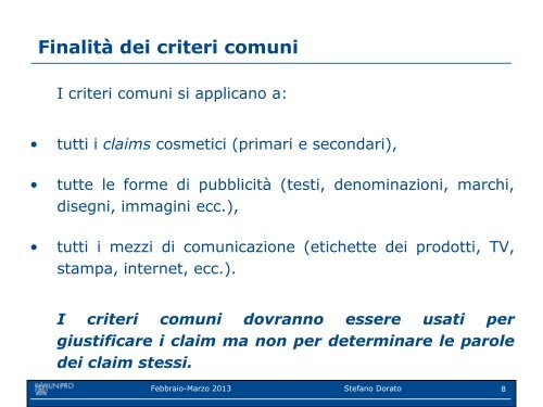 I claim cosmetici: linee guida della Commissione sui criteri ... - Unipro