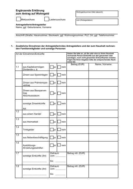 Verdienstbescheinigung Zum Antrag Auf Wohngeld Ergänzende Erklärung zum Antrag auf Wohngeld - Elz