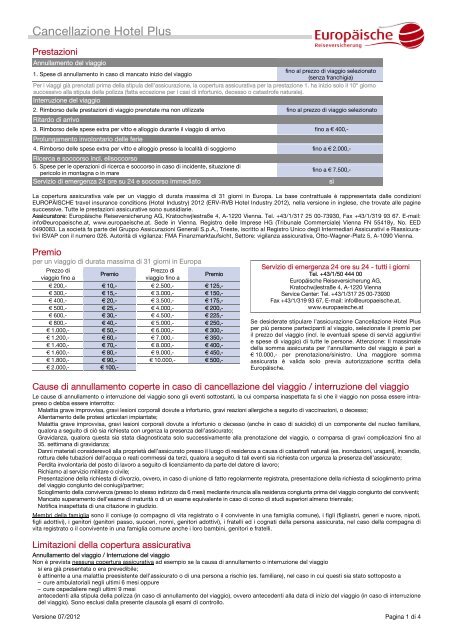 Cancellazione Hotel Plus - Europäische Reiseversicherung