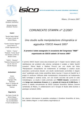 COMUNICATO STAMPA n° 2/2007 - Isico