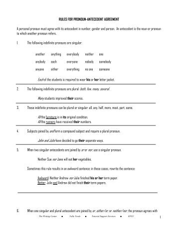 RULES FOR PRONOUN-ANTECEDENT AGREEMENT A personal ...