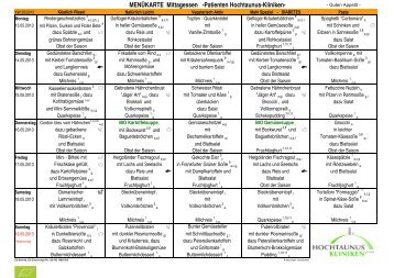 Menüplan Mittagessen Hochtaunus-Kliniken für die Woche vom 13.05.