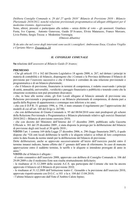 BILANCIO 2010 Allegato DIBATTITO CC n 29 - Comune di Avellino