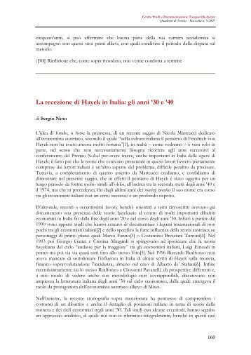 La recezione di Hayek in Italia: gli anni '30 e '40 - Tocqueville-Acton