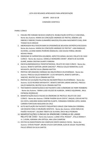 lista dos trabalhos (resumos) aceitos para apresentação oral