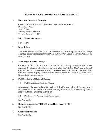 FORM 51-102F3 - MATERIAL CHANGE REPORT