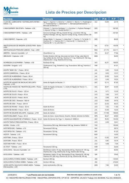 Lista de Precios por Descripcion - Medicinasrosario.com.mx