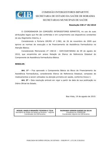 Resolução n 20-10 AF - Secretaria de Estado da Saúde de Roraima