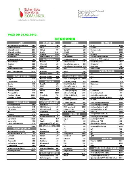 kompletan cenovnik - BIOMARKER