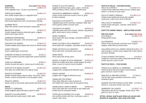 A La Carte Menu Ciros Italian restaurant in Callander