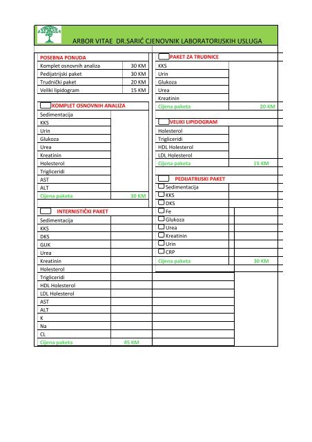 Cjenovnik laboratorijskih usluga - Poliklinika Arbor Vitae Dr. Sarić
