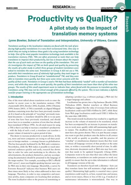 Productivity vs Quality? A pilot study on the impact of translation ...