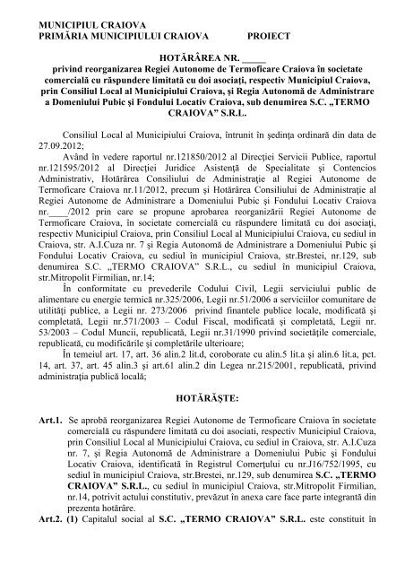 Proiect de hotărâre privind reorganizarea Regiei ... - Primaria Craiova