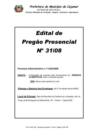 Edital de Pregão Presencial No 31/08 - Prefeitura de Cajamar