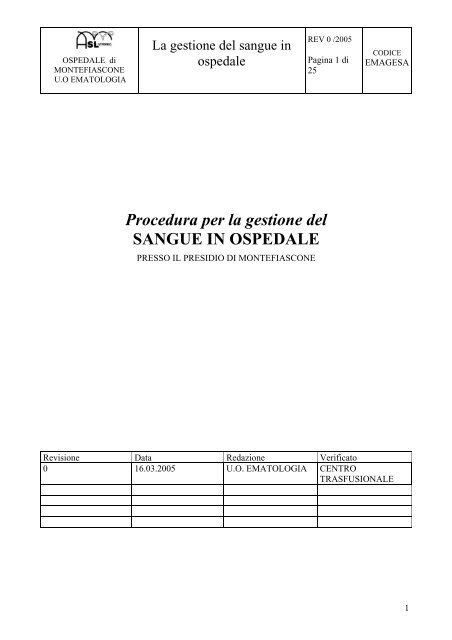 La Gestione del Sangue in Ospedale Presidio di ... - ASL Viterbo