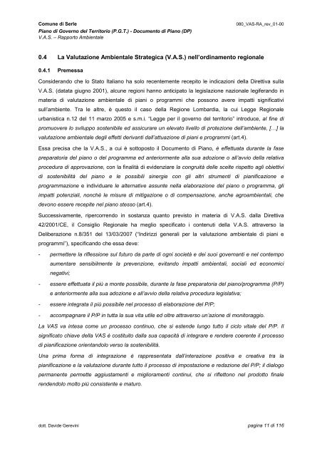 (VAS) Rapporto Ambientale - Comune di Serle