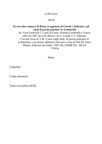 La raccolta comasca di Bolza, le aggiunte di Casetti e ... - AM Cirese