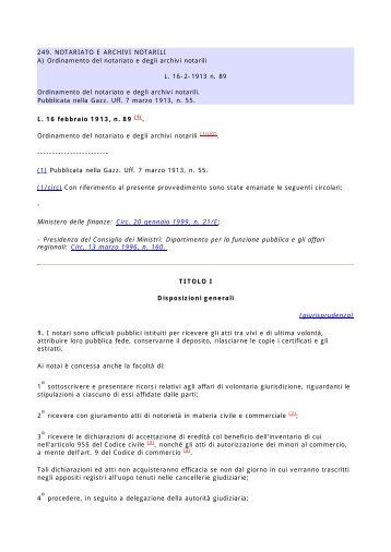 249. NOTARIATO E ARCHIVI NOTARILI A) Ordinamento del ...