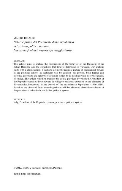 Poteri e prassi del Presidente della Repubblica nel sistema politico ...