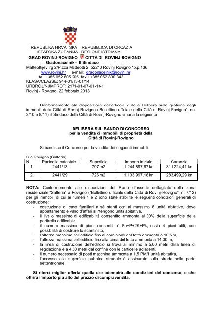 republika hrvatska repubblica di croazia istarska ... - Grad Rovinj