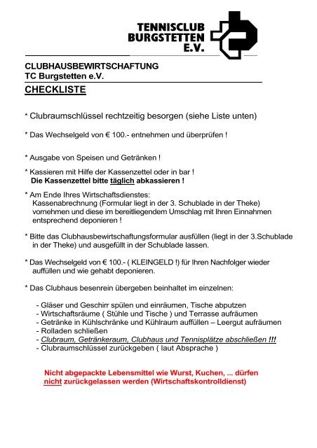 CHECKLISTE - Tennisclub Burgstetten eV