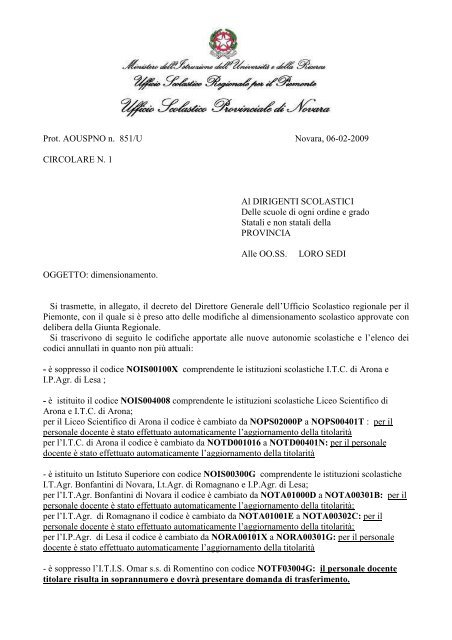 Trasmissione Dimensionamento Ufficio Scolastico