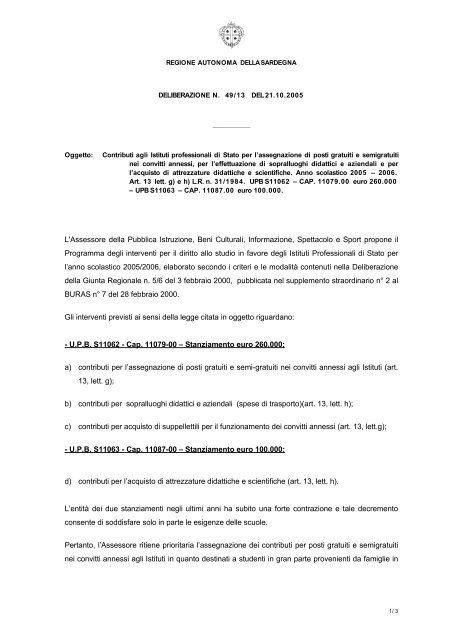 Delibera del 21 ottobre 2005 n. 49/13 - Regione Autonoma della ...