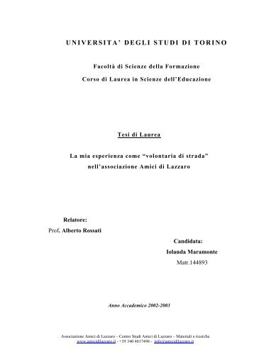 Tesi - La mia esperienza come volontaria di strada - Amici di Lazzaro