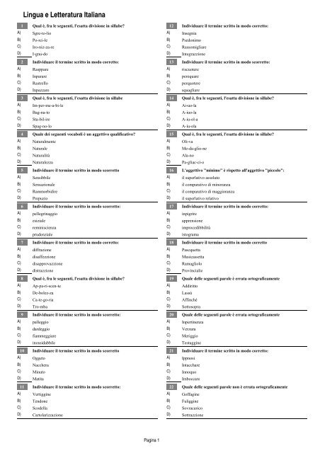 Questionario 1 Lingua e Letteratura Italiana - Arma dei Carabinieri