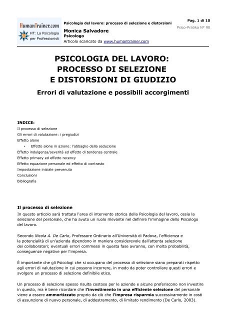 Psicologia del lavoro: processo di selezione e ... - HumanTrainer