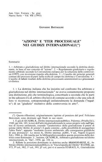 "AZIONE" E "ITER PROCESSUALE" NEI GIUDIZI INTERNAZIONALI (*)