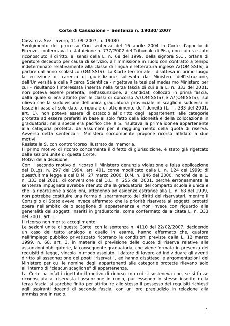 1 Corte di Cassazione – Sentenza n. 19030/2007 Cass. civ. Sez ...