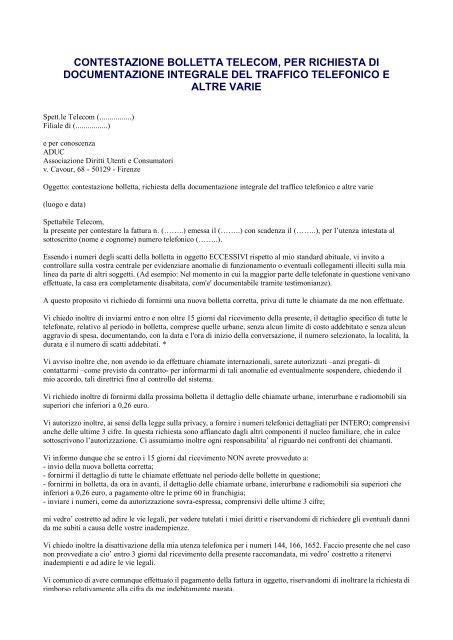 contestazione bolletta telecom, per richiesta di documentazione ...