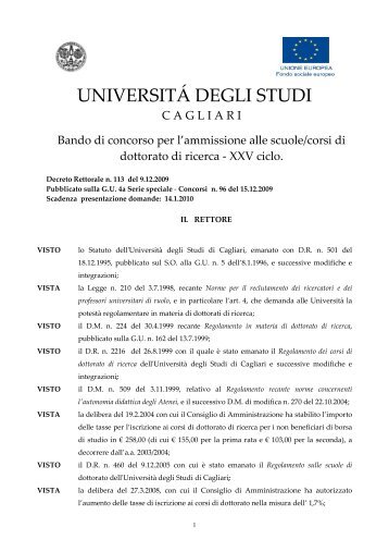 Bando di concorso - Università degli studi di Cagliari.