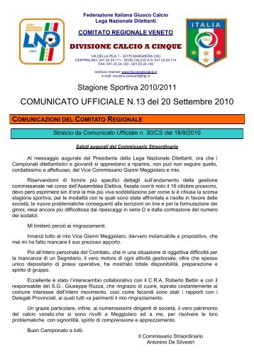 COMUNICATO UFFICIALE N.13 del 20 Settembre ... - PSV Calcio a 5