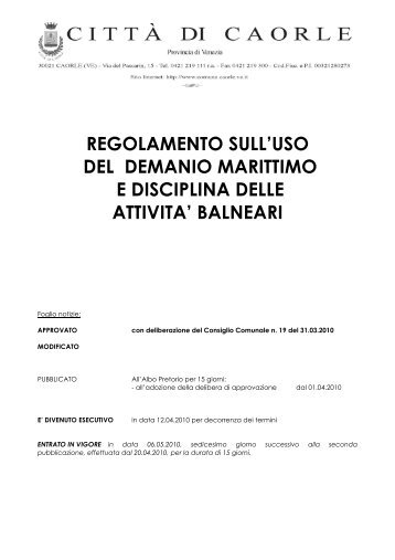 Regolamento Demanio Marittimo e attività balneari - Città di Caorle