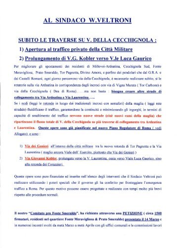 Lettera inviata al Sindaco Walter Veltroni - Quadrante Sudovest