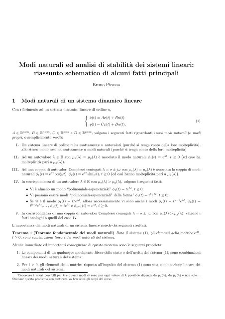 Modi naturali ed analisi di stabilità dei sistemi dinamici lineari