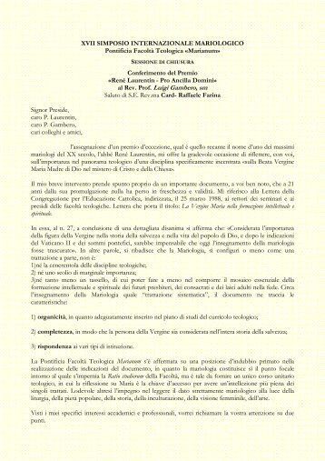 Intervento di S.Em. Card. Raffaele Farina - Marianum