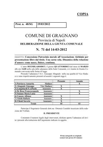 Concessione patrocinio assoc. Alchimie... - Comune di Gragnano