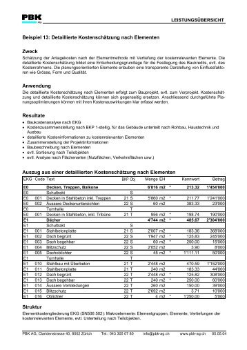 Beispiel 13: Detaillierte Kostenschätzung nach Elementen ... - PBK AG